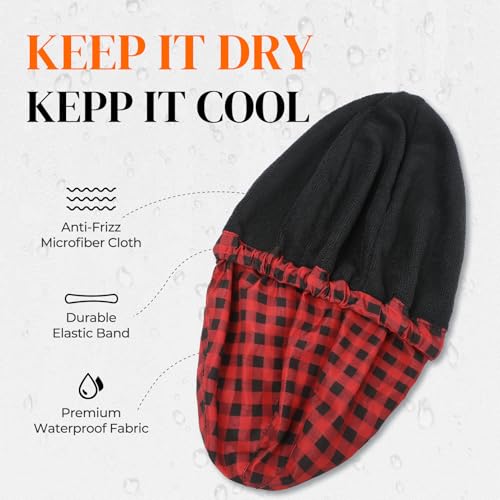 Shower Cap for Men Red Plaid Bath Cap, Reversible Large Waterproof Adjustable Shower Caps Terry Lining & Elastic Band Stretch Hem Hair Hat - color: RED PLAID