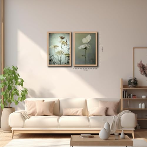 2Pcs Framed Vintage Wall Art Moody Elegant Green radish flowers and Butterfly Canvas Painting Rustic Floral Poster Artwork for Bathroom, Bedroom, Living Room,wooden frame16x24in - color: Green Radish Flowers and Butterfly, size: 16x24 Inches