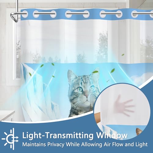 No Hook Bathroom Shower Curtain with Detachable Liner, Ocean Theme Funny Cat Shower Curtain with Translucent Top Window and Weighed Hem, Double-Layer Waterproof Bath Curtain, 71x74 Inch - color: Romantic Cat