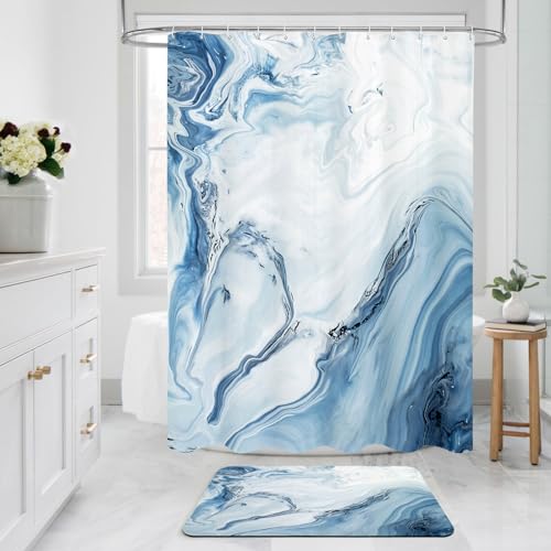 MitoVilla Blue Marble Bathroom Rug Mat, 17" x 24", Non Slip, Absorbent, Diatom Mud, Modern, Machine Made, Low Pile, 3.5mm Thick, Bath Mat - color: Marble04 - Blue, size: 17" x 24"
