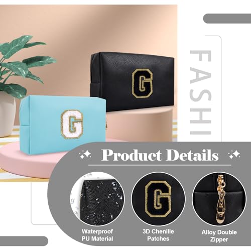 Personalized Initial A-Z Preppy Patch Makeup Bag,Small PU Chenille Letter Cosmetic Bag with Zipper for Teen Girls,Black Cute Toiletry Organizer Bag,Monogram Makeup Case Gift for Women Girls,Letter G - color: Black,Black-Letter, size: G