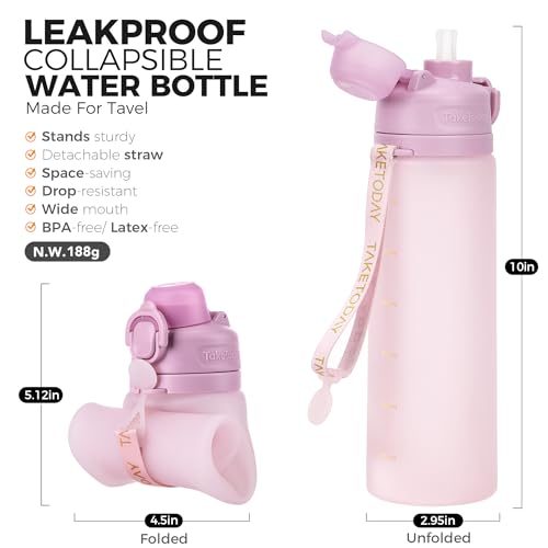 TakeToday Collapsible Water Bottles 21oz (600mL), Foldable Platinum Silicone Travel Water Bottle with Straw & Carry Strap, Leak-Resistant Screw Lid, Wide Mouth, BPA-Free for Hiking, Camping, Travel - color: Mauve