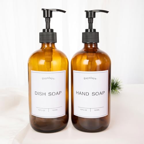Amber Glass soap Dispenser with Anti-Rust Pump. Refillable Kitchen and Bathroom soap Dispenser for Dish soap, Hand sanitiser, Shampoo, Conditioner, Lotion, Shower Gel Conditioner 16 oz 2pack
