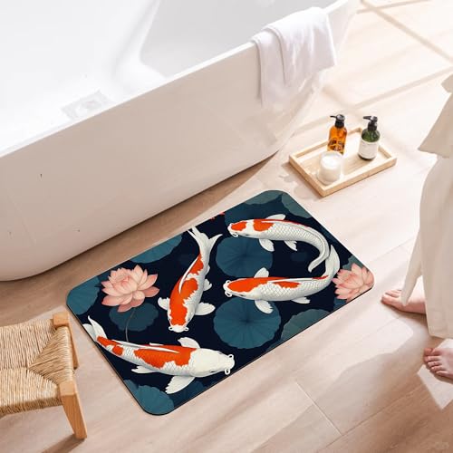 Japanese Fish Bath Mat,Fast Drying Lotus Flowers Leaves Bathmats for Bathroom, Non Slip Soft Diatomaceous Bath Rug Bathroom Accessories Thin Doormat for Home Kitchen 17 X 29.5 Inch - color: Japanese Fish