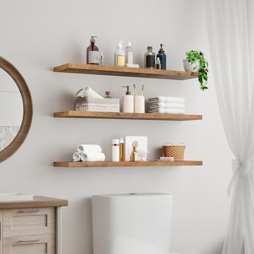 RALGEND Floating Shelves for Wall, 39.4" Long Wall Shelf Set of 3 with Invisible Bracket, 1.5" Thick Hanging Shelves Farmhouse Home Decor for Bathroom, Living Room, Bedroom Rustic Brown 10301BJP3BF - color: Rustic Brown, size: 39.4 Inches