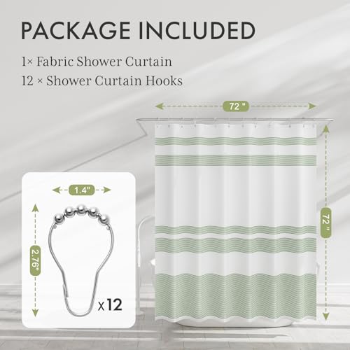 AmazerBath Shower Curtain, Washable Cloth Sage Green with 12 Shower Curtain Hooks, Fabric Green and White Striped Set, Farmhouse Bathroom Shower Curtain, 72x72 Inches - color: A- Sage Green Stripe +12 Metal Hooks, size: 72"W x 72"L (Pack of 1)