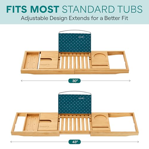 SereneLife Luxury Bamboo Bathtub Caddy Tray - Adjustable Natural Wood Bath Tub Organizer with Wine Holder, Cup Placement, Soap Dish, Book Space & Phone Slot for Spa, Bathroom & Shower - SLBCAD20 - color: Natural