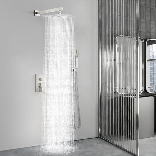 Aolemi Shower Faucet Set Rain Shower System with Handheld Spray Bathroom Shower Combo Rough-in Valve and Shower Trim Kit Included Brushed Nickel 16 Inch Wall Mount Shower Head - color: Brushed Nickel, size: 16 Inch Wall Mount Shower Head