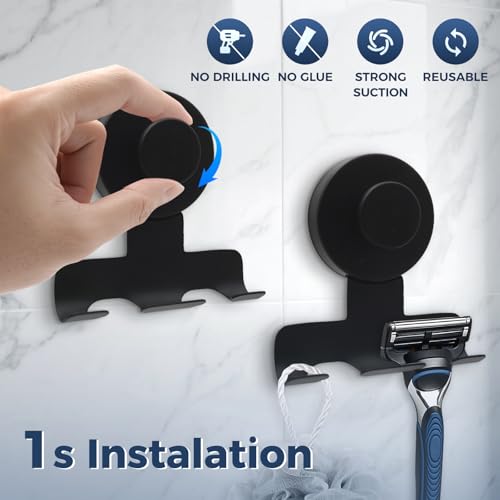Suction Cup Razor Holder for Shower,Heavy-Duty 7KG Suction Hooks for Razor,Towel,Loofah,Removable Damage-Free Metal Shower Hook,Shaver Holder,2 Pack(Matte Black) - color: Matte Black