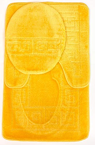 WPM WORLD PRODUCTS MART 3 Piece Bath Rug Set Pattern Bathroom Rug (20"x32")/Large Contour Mat (20"x20") with Lid Cover (Yellow) - color: Yellow