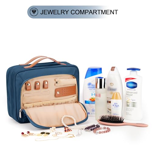 Travel Hanging Toiletry Bag for Women, with Jewelry Organizer Compartment, Medium Waterproof Hanging Makeup Accessories, Cosmetic Essentials, Toiletries Dopp Kit Set with Trolley Belt, Navy Blue - color: Navy Blue, size: Medium