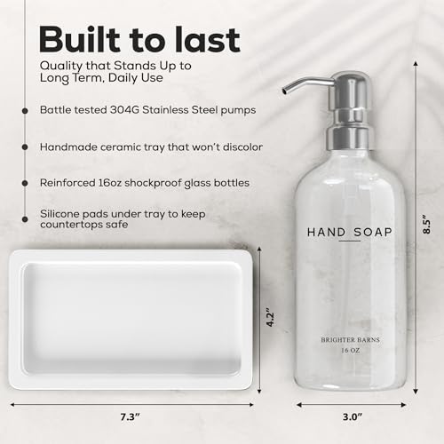 Glass Hand and Dish Soap Dispenser Set by Brighter Barns - Modern Kitchen Soap Dispensers with Stainless Steel Pump - Neutral Home Decor for Hotel, Restaurant, Vacation Rental, Airbnb (Clear/Silver) - color: Clear Silver Hd