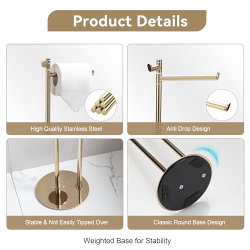 BGL Toilet Paper Holder Stand, SUS304 Stainless Steel Gold, Weighted Base, Holds 5 Jumbo Rolls, Space-Saving Modern Bathroom Storage with Built-in Hook - color: Gold