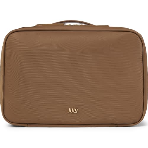 July Hanging Toiletry Bag with Hidden Hook, Clear & Leak-Resistant PVC Pocket, Toothbrush Tab, Water-Resistant Nylon and Leather Trims - Travel Essentials Bag, Bathroom Travel Organizer - Light Brown - color: Light Brown