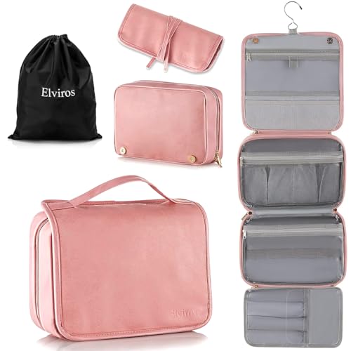 Elviros Hanging Travel Toiletry Bag for Women, 3-in-1 Large Makeup Bag and Cosmetic Organizer, Vegan Leather Waterproof Skincare Case for Travel Size Toiletries and Accessories, Gift for Women - color: Cherry Blossom Pink, size: 1 Pack
