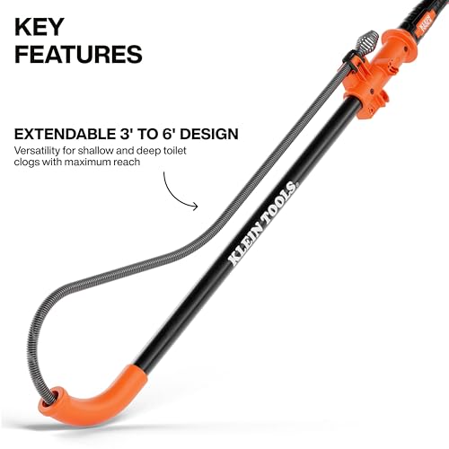 Klein Tools 53018 6-Foot Steel Toilet Auger, Extendable Toilet Snake Drain Clog Remover, Hybrid Manual Drill Operation, Plumbing Snake for Drains - color: 6-Foot