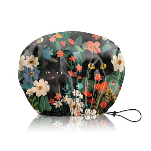 Shower Cap Adjustable Waterproof Double Layer Elastic Reusable Hair Bath Cap Cute Aesthetic for Women Girls-Cat Flower - color: R2-Cat Flower