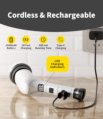 Electric Spin Scrubber, Cordless Household Cleaning Brush with 6 Replaceable Heads, 3 Speeds, LED Display, Lightweight Handheld Power Scrubber for Cleaning Stove/Bowl/Sink/Corner/Tile/Grout-White - color: White