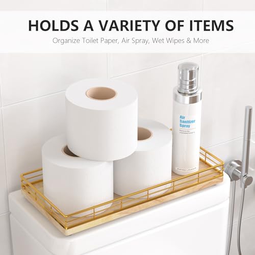Toilet Paper Basket Organizer, Oak Wood Toilet Tank Tray with Metal Frame | Bathroom Counter Top Storage for Toilet Paper, Wipes & Decor, Modern Narrow Back of Tank Shelf Organizer, Gold & Natural Oak - color: Gold & Oak, size: 13" x 6.5" x 2"