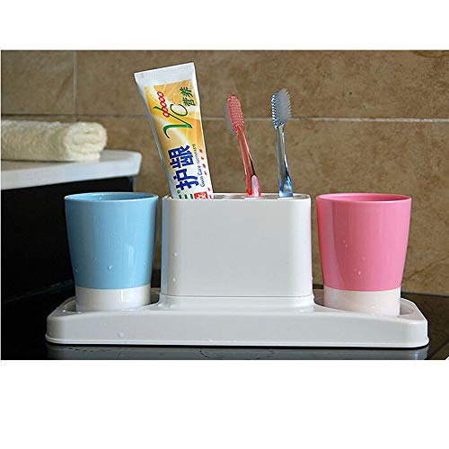 Bathroom Toothbrush Toothpaste Stand Organizer Plastic Storage Rack Set (2 Cups) (Blue+Pink) - color: Blue+pink