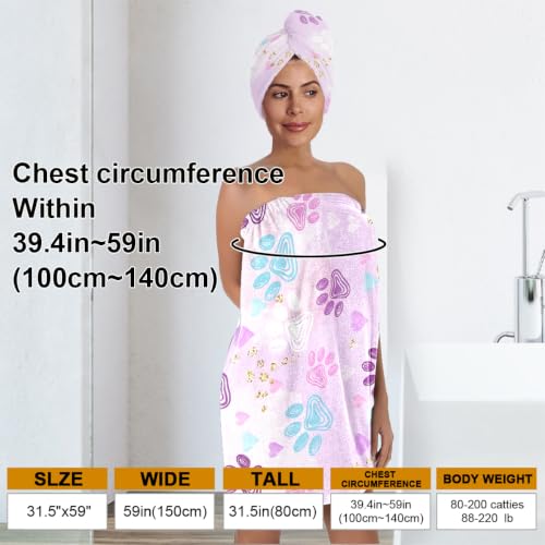 Women's Spa Bath Wrap and Hair Towel Set, Cute Pink Paw Print Shower Wrap Robe with Matching Hair Turban, Adjustable Fast Drying Wearable Bath Towel Dress for Gym, Spa, Sauna & Makeup, Dog Mom Gift - color: Pet Paws 5