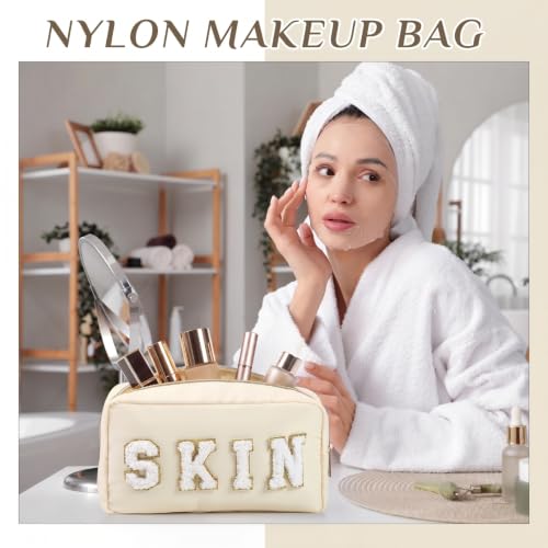 Preppy Makeup Bags Chenille Letter Stuff Bag Nylon Cosmetic Pouch Cases with Zipper for Women Travel Toiletry(Soft Pastel,Classic,4 Pcs) - color: Soft Pastel, size: Classic