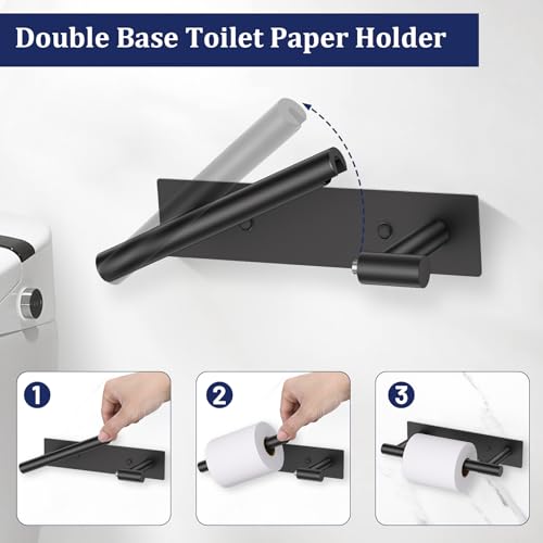 Matte Black Toilet Paper Holder, Adhesive or Screw Toilet Roll Holder Wall Mount, SUS304 Stainless Steel Double Post Pivoting Toilet Roll Holder for Bathroom, Kitchen, Washroom - color: Matte Black