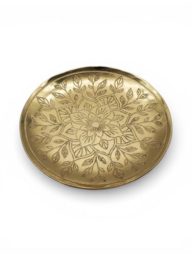 Brass Jewelry Tray – Gold Color Circular Small Round Spoon Rest Soap Dish Candle Holder - Perfect Catchall for Candles, Jewelry, Rings, and Trinkets (Brass with Etched Flower Design) - color: Brass With Etched Flower Design