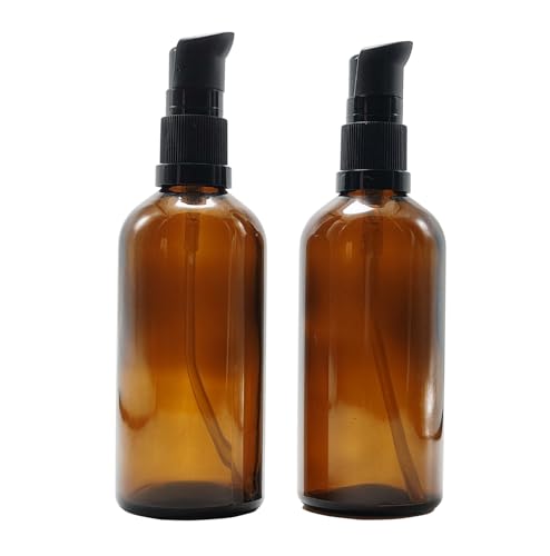 2PCS Upscale Amber Glass Refillable Pump Press Lotion Bottles Container Jars Pot For Makeup Foundations Cosmetic Skin Care Cream Emulsion Essential Oils(100ml / 3.4oz)