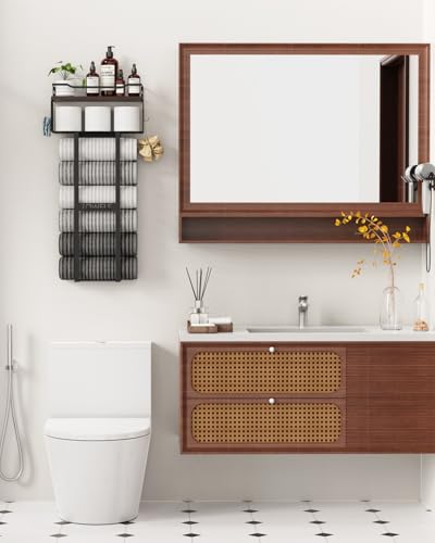 Large Towel Rack & Bathroom Towel Holder - Wall Mounted Metal Rack with Wooden Floating Shelf, Small Bathroom Towel Storage, Easy Holds 6 Large Rolled Towels, Black with Brown Plank - color: Black With Brown Plank