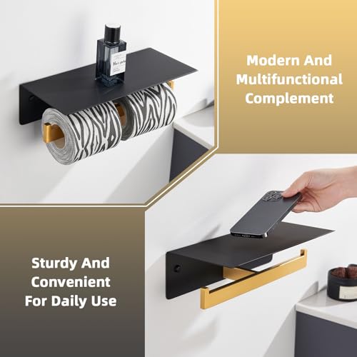 Angle Simple Double Toilet Paper Holder with Shelf, 304 Stainless Steel Bathroom Toilet Tissue Roll Holder for Wall Black and Gold - color: Black & Gold, size: Double Rod