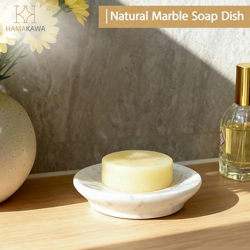 Natural Marble Soap Dish, Round White Jewelry Dish 4.5 Inch, Limestone Shower Soap Holder, Modern Stone Sponge Holder with Beveled Edge, Bar Soap Saver Tray for Bathroom, Kitchen - color: Volakas 4.5-in Circ Beveled
