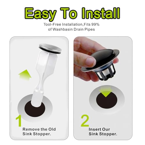 Pop Up Bathroom Sink Stopper,2 Pack Matte Black Sink Drain Stopper with Hair Catcher and Strainer,Glimflorus Universal 2-in-1 Drain Stopper for 1 1/8"-1 1/2" Drain Holes - color: Matte Black
