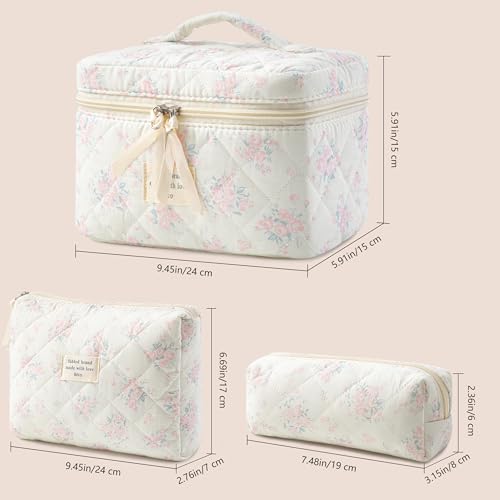 HBselect Quilted Makeup Bag, 3PCS Cotton Large Travel Makeup Bag, Cute Floral Coquette Make up Bag Cosmetic Bag Toiletry Bag for Women Girls - color: A-3PCS-Floral 34