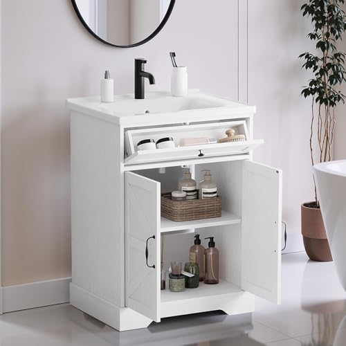 Smart FENDEE 23.62 inch Bathroom Vanity with Ceramic Sink, Farmhouse Bathroom Cabinet with Barn Door & Drawer, Freestanding Floor Storage Cabinet with Sink Combo Set, Soft White - color: White
