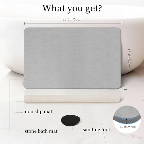 THMINS Non-Slip Stone Bath Mat with Rubber Bottom, 24''x16'' Diatomaceous Earth Shower Mat, Super Absorbent, Self-Quick-Drying, Easy to Clean for Bathroom/Ktichen, Gray - color: Gray 1 Pack