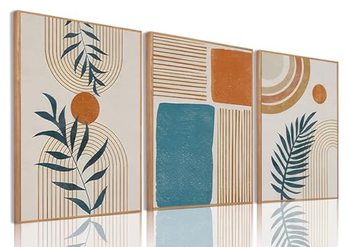 Bwodke Framed Boho Canvas Wall Art Mid Century Modern Prints Set of 3 Neutral Geometric Line Leaf Paintings Decor Minimalist Abstract Pictures Bedroom Living Room Bathroom - color: Boho Blue, size: 12"x16"Natural