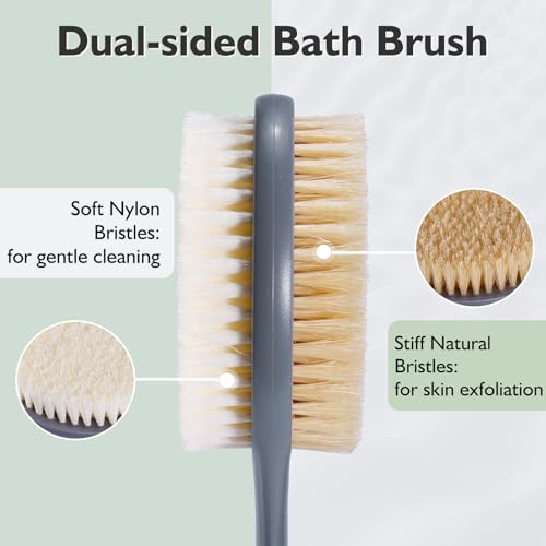 VANZAVANZU 17 Inch Anti-Slip Long Handle Back Scrubber for Shower – Dual-Sided Shower Brush and Shower Back Scrubber with Soft and Stiff Bristles for Wet or Dry Brushing (Gray) - size: 17 in - Gray