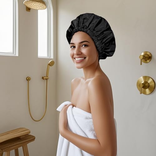 Edoneery Reusable Shower Caps for Women, Waterproof Long Hair Bonnet | Washable Design, Wide Elastic Band, Large Fit, Holds Long Hair, Braids Friendly, Bath Accessories, Spa, Travel - color: Black&Purple