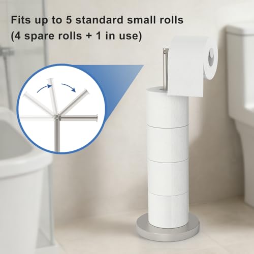 Free Standing Toilet Roll Holder Bathroom Storage, Rotatable Toilet Paper Holder Stand with Shelf, Brushed Nickel Floor Toilet Paper Rack Storage - color: Brushed Nickel