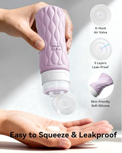 Silicone Travel Bottles for Toiletries 8 Pack Travel Size Toiletries 3.4 oz 1.7 oz, Leakproof Squeeze Travel Size Containers Refillable Cosmetic Jars Set for Shampoo, Conditioner, Creams - color: Purple-3.4oz/1.7oz