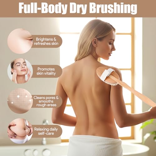 4PCS Dry Brushing Body Brush Set, Bamboo Dry Brush for Body Face Foot, Boar Bristle Long Handle Face Cleansing Shower Scrubber Brushes