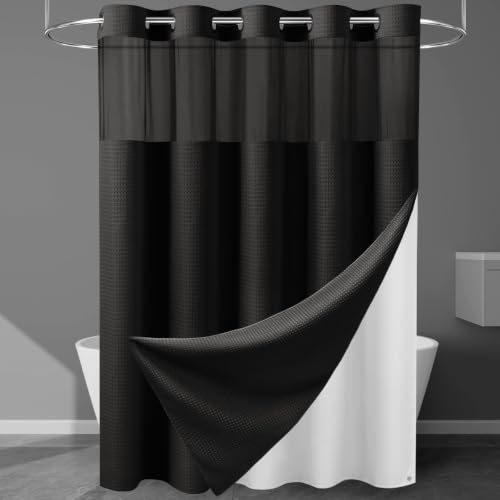EUTXL Heavyweight Black Long Shower Curtain with Liner - 256GSM Waffle Textured Heavy Duty Shower Curtains for Bathroom,71W x 86H - color: Black, size: 71"W x 86"L (Pack of 1)