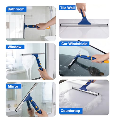 ITTAR 12 inch Rotatable Shower Squeegee for Glass Doors, Multi-Purpose Window Squeegee with Hook & Refill Rubber Blade, Bathroom Cleaner Tool for Shower Door Window Mirror Wall Car Windshield - size: 12 Inch