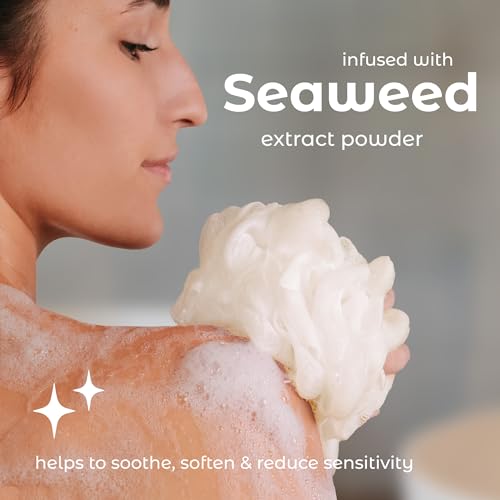 MainBasics Shower Loofah Sponge Pouf, Set of 3, Seaweed Infused | Soft Mesh Body Scrubber and Bath Sponge for Gentle Exfoliation, Rich Lather, and Everyday Shower Use - style: Seaweed