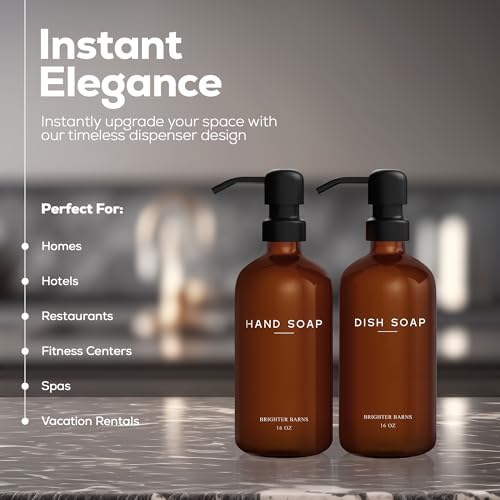 Amber Glass Hand and Dish Soap Dispenser Set by Brighter Barns - Modern Kitchen Decor & Accessories for Airbnb, RV, Office, Housewarming Gifts (Amber) - color: Amber Hd