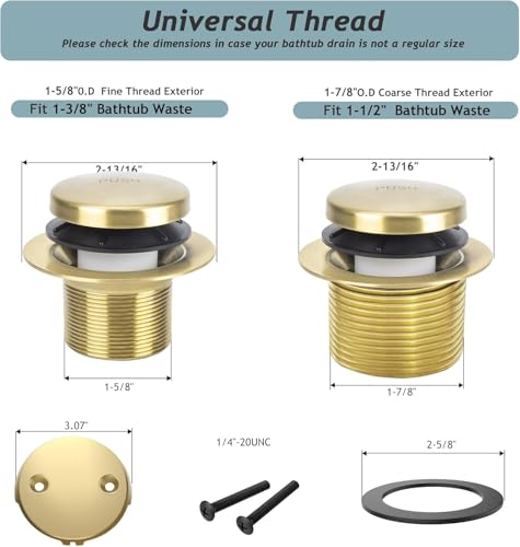 Tip-Toe Bathtub Drain Kit with Two-Hole Overflow Plate, Premium Quality Bath Tub Drain Replacement fits for All Bathtub, Universal Fine/Coarse Thread Bathtub Stopper (Brushed Gold) - color: Brushed Gold