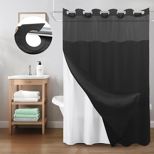 Inhousolu No Hook Shower Curtain with Snap-in Fabric Liner, Waffle Weave 230 GSM Polyester, Weighted Hem, Water Repellent Washable, Mesh Top Window 60" W x 72" L Black - color: Black, size: 60"W x 72"L (Pack of 1)