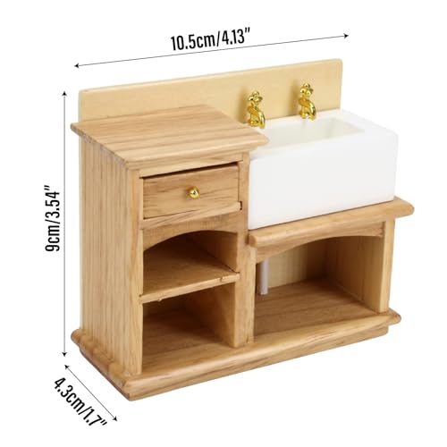 Dollhouse Sink 1/12 Scale Miniature Furniture Bathroom Mini Kitchen Sink with Cabinet Set Dolls House Wooden Accessory Doll Farmhouse Accessories