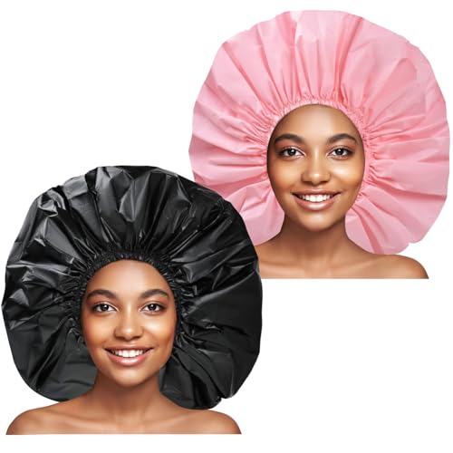 Extra Large Shower Cap 2 PCS Waterproof Shower Caps for Women, Super Jumbo Shower Cap, Reusable Super Large Bath Caps Hair Cap for Long Thick Curly Hair, Locs, Twist Braids - Black + Pink - color: Black + Pink